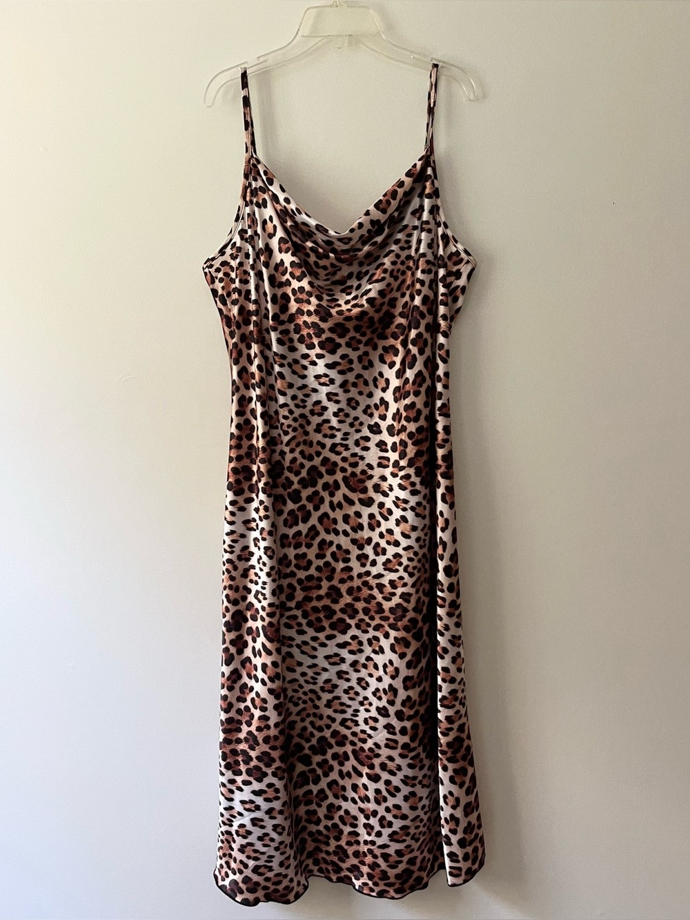 Bebe Satin Slip Dress XL Midi Cowl Neck Animal Print Chetah Glam Date Night